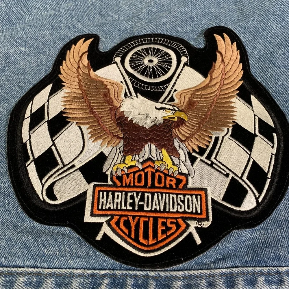 Vintage Harley Davidson Jacket Mens 2XL Blue Denim Eagle Racing Patch Motorcycle